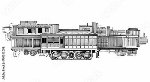 Detailed illustration of a vintage steam train with multiple carriages and intricate design.