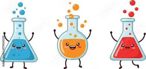 "Cartoon laboratory flasks with smiling faces, colorful liquids, science experiment, chemistry education, playful illustration, fun learning, cad drawing flat vector illustration"