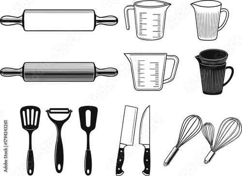 Kitchen utensils silhouette set, rolling pin, measuring cup, knife, whisk, spatula, flat vector illustration