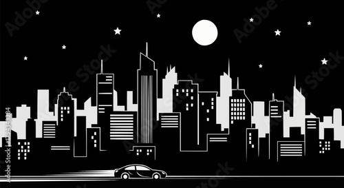 A sleek modern car speeding along a city road at night.