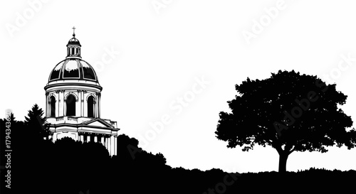 Architectural silhouette featuring a domed building and a solitary tree.
