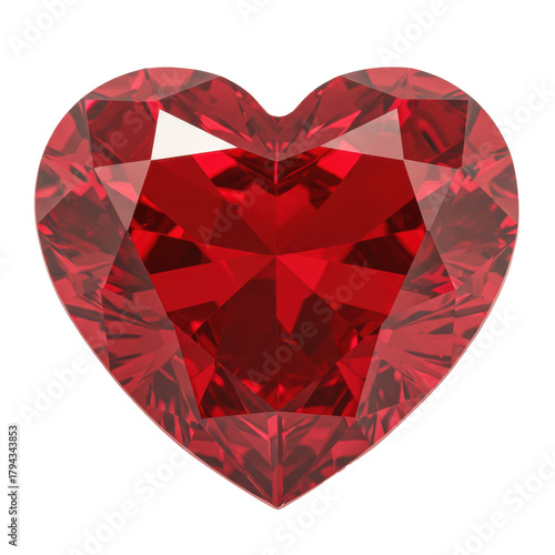 Wallpaper Mural A single, pristine, ruby red, heart-shaped crystal gem with intricately cut, highly polished facets dazzlingly sparkling against a transparent background. Concept of love and luxury Torontodigital.ca