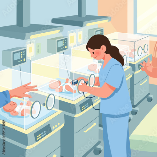 Neonatal Intensive Care Unit with Nurse and Premature Babies in Incubators.