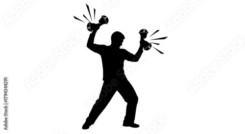 Black silhouette of a person energetically crashing cymbals together.