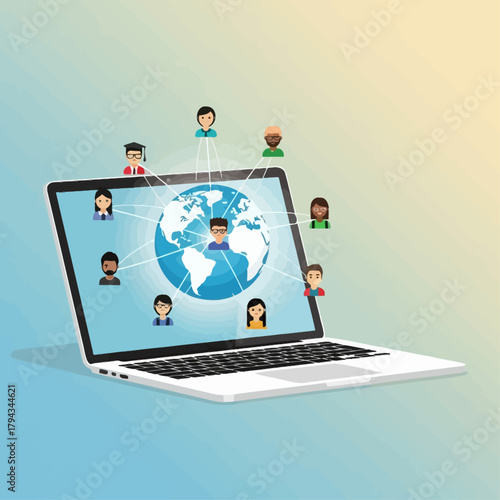 Global Online Education and Remote Learning Concept with Laptop and Diverse Student Avatars.