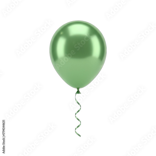 A Single Glossy Green Balloon With a Curled Ribbon Attached Floating Against a Transparent Background