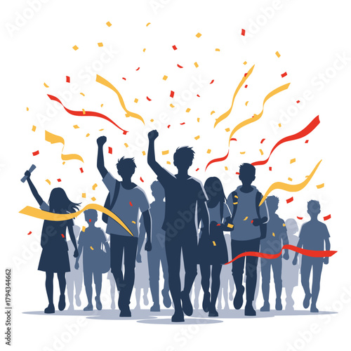 Silhouettes of people celebrating victory with confetti and ribbons.