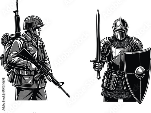 Modern soldier and medieval knight facing off, military vs armor, combat evolution concept, flat vector