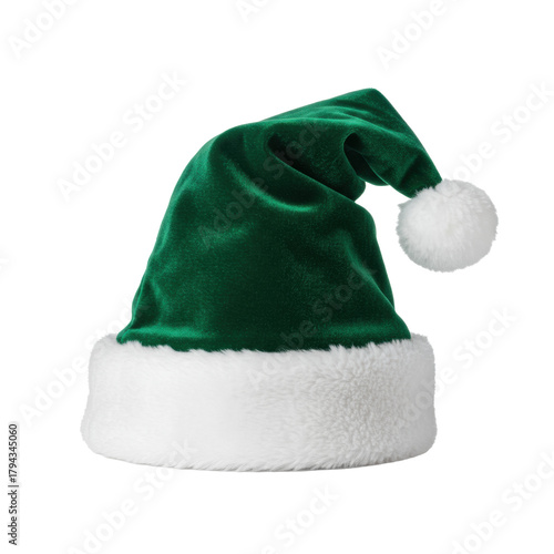 Pristine green velour santa hat with plush white faux fur brim and soft pom-pom, isolated on a transparent background with copy space, classic Christmas cheer atmosphere