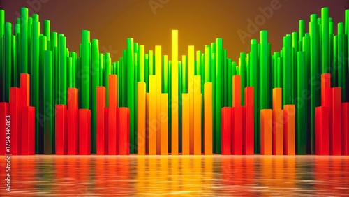 Colorful soundwave visualization with vibrant green, red, and yellow bars reflecting in calm water during sunset