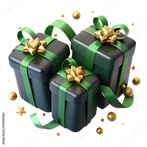 Three matte black gift boxes with green ribbons and gold bows