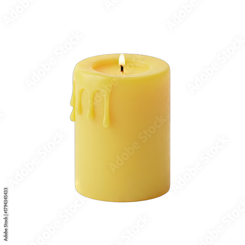 A Thick Yellow Pillar Candle with Dripping Wax and a Lit Flame Isolated on a Black Background, Representing Warmth and Ambiance