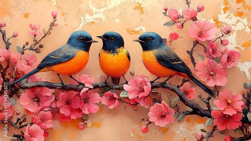 Colorful birds on pink blossoms