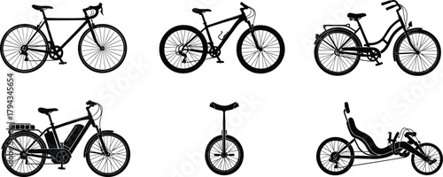 Road bike, mountain bike, cruiser, e-bike, unicycle, tricycle, cycling silhouettes collection, flat vector