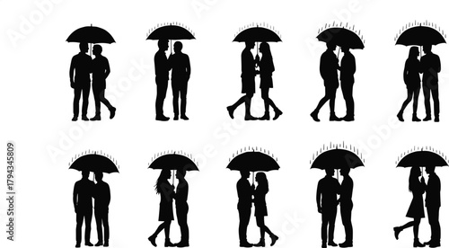 Romantic couple silhouettes, umbrella love scene, rainy day embrace, black shadow figures, intimate moment, artistic pose, rain protection, relationship concept