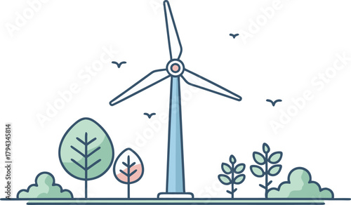 Sustainable energy with a wind turbine amidst nature, promoting clean power solutions and environmental responsibility in a minimal, modern design