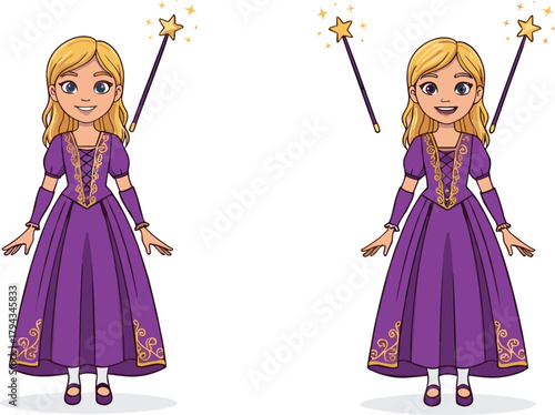 Beautiful cartoon princess girl in purple dress with magic wand, fantasy fairy tale character illustration for children, storybooks, comics, and animation