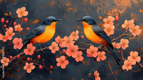 Two birds on a floral branch