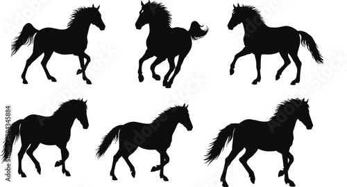 Running horse silhouettes in motion, black animal shapes, dynamic poses, flat vector equine design elements