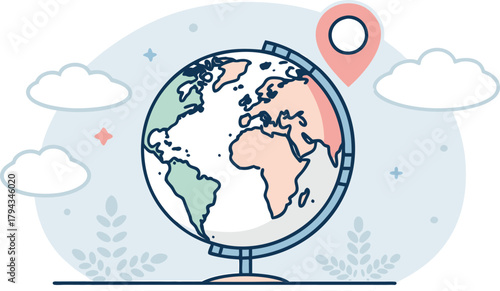Explore Global Destinations: Globe with Location Pinpoints Exciting Travel Adventures and International Business Opportunities in a Flat Design