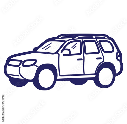 Simple blue outline illustration of a compact suv car against a white background