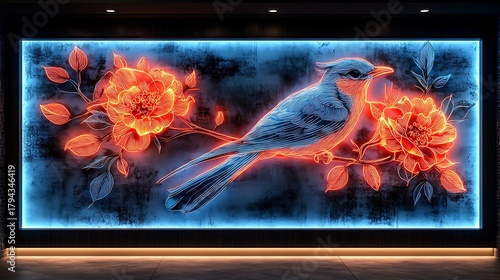 Glowing bird and flowers wall art