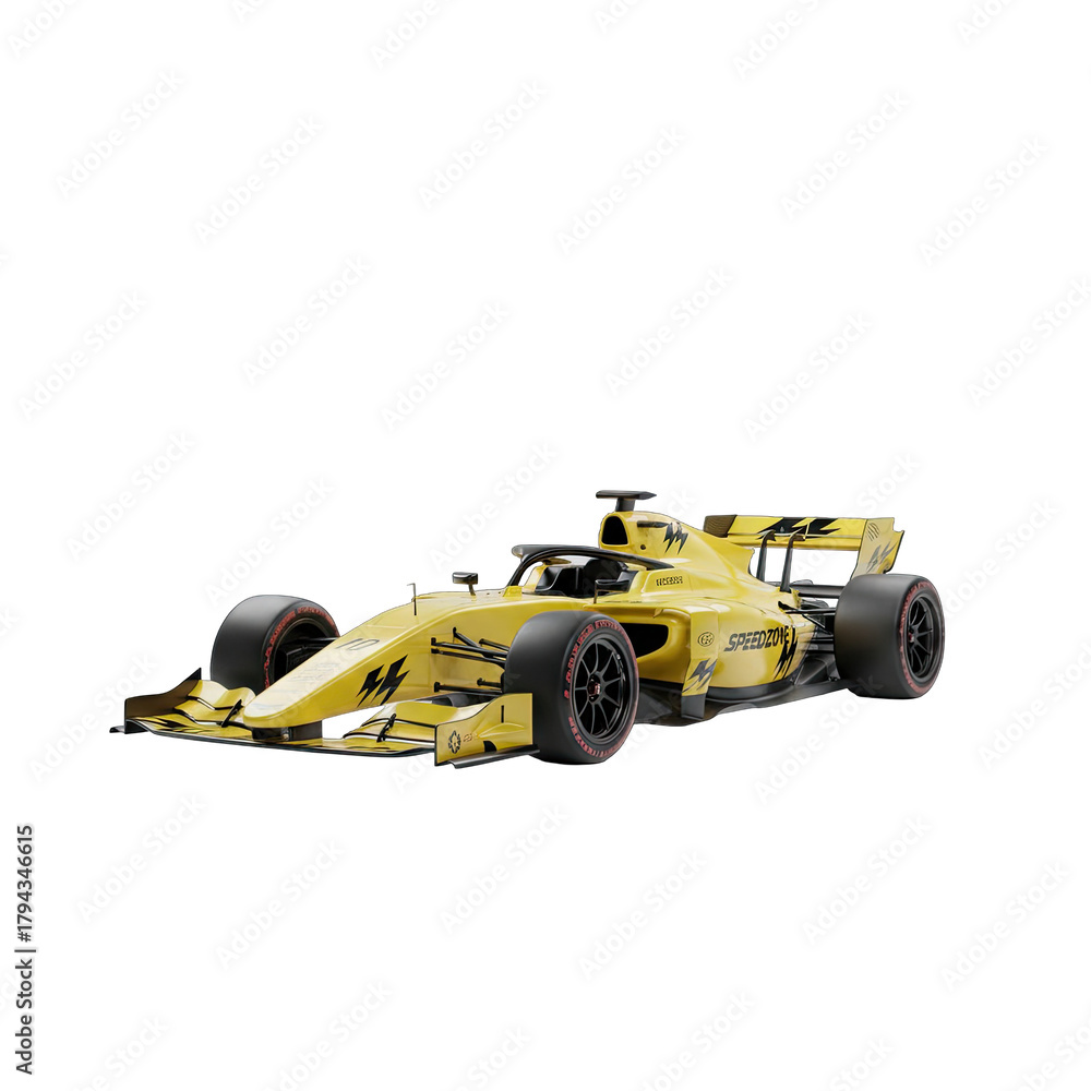 Obraz premium A Yellow Formula One Race Car With Black Accents And Red Trim On The Wheels Isolated On A Black Background Captured In A High Resolution Studio Shot