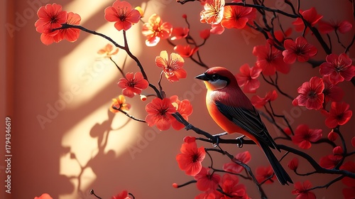 Red bird perched on blossom branches