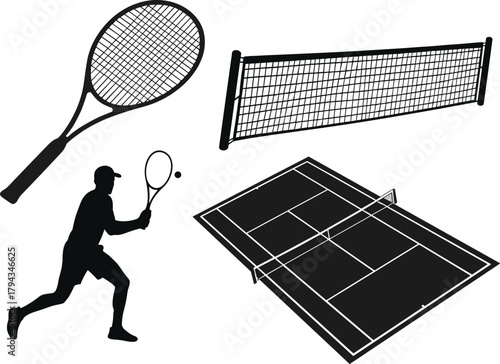 Tennis gear and player silhouettes including racket, net, court, action pose for sport, flat vector