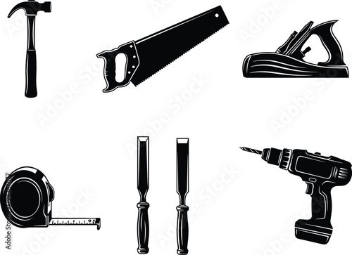 Woodworking tools silhouette, hammer, saw, chisel, drill, tape measure, hand plane, carpentry gear, flat vector