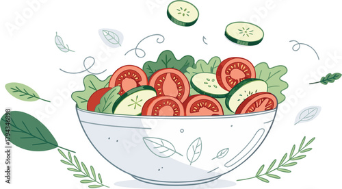 Delicious salad with fresh tomatoes and cucumbers in a bowl, healthy eating concept, perfect for recipe blogs and vibrant food ads, originally a vector graphic