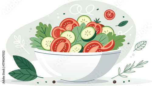Delicious and Fresh Salad Bowl with Sliced Tomatoes and Cucumbers Promotes Healthy Eating Habits and Lifestyles for Culinary and Health Focused Applications