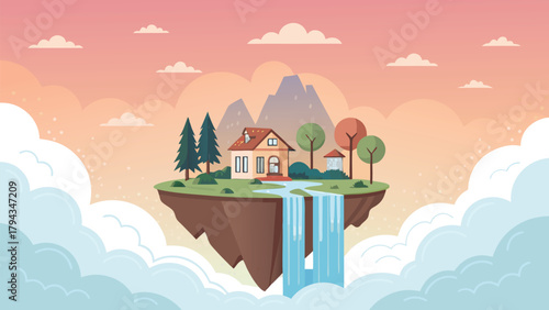 Dreamy floating island home with waterfalls, a whimsical escape, ideal for real estate marketing, architectural designs, and serene lifestyle concepts
