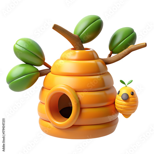 Whimsical 3d illustration of a beehive with a bee insect