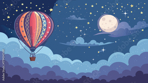 Dreamy hot air balloon adventure under the moonlit sky, soaring through clouds and stars, capturing wonder and fantasy for storybooks and creative projects
