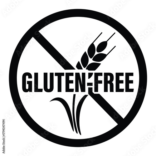 Gluten-free prohibited sign in black circle with crossed-out wheat symbol for food allergy warning and dietary label