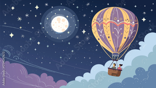 Enchanting night flight in a colorful hot air balloon under the moonlight, a whimsical adventure above the clouds, perfect for children's book illustration