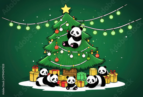 Chinese panda Christmas tree adorned with panda-shaped ornaments, and soft green-and-white lights evoking a panda sanctuary. Doodle style illustration.