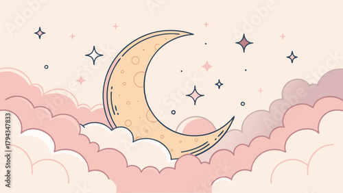 Dreamy crescent moon illustration with soft pink clouds and twinkling stars, evoking peaceful nights and childlike wonder perfect for bedtime stories