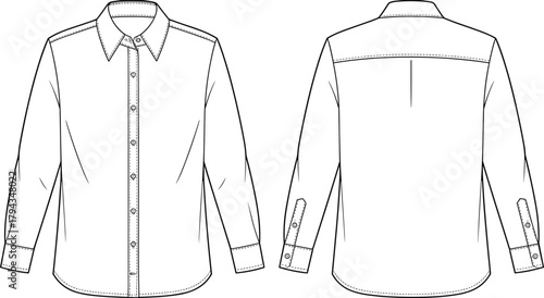 Long sleeve button up shirt flat sketch, fashion technical drawing, apparel design template, clothing illustration, garment construction detail, vector outline