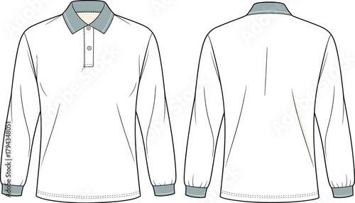 Long sleeve polo shirt design, fashion flat sketch, front and back view, apparel template, contrasting collar and cuffs, clothing illustration mockup
