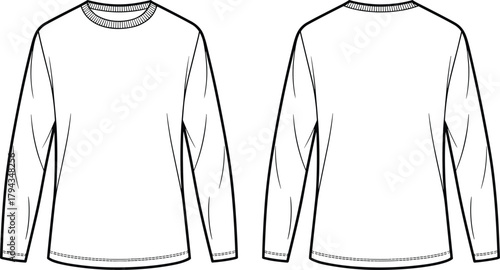 Long sleeve shirt front and back view, crew neck fashion sketch, technical garment drawing, vector flat apparel design template