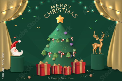 Christmas Tree with Gifts and Golden Reindeer in Green Background and Golden Curtain. Christmas Poster Design Vector Illustration 