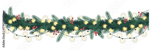 Decorative Christmas garland border with dark green pine branches, red holly berries, and glowing string lights on transparent background, modern vector illustration.