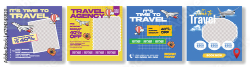 Vintage and Retro Travel Agency Social Media Feed Bundle for Travel Promo banners, Online Flight Booking square flyer poster, Hotel Resort Promotion ads, and Tourism Template vacation offer design