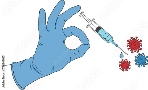 Medical syringe, vaccination concept, virus prevention, healthcare illustration, immunization design, disease protection, public health, OK gesture, cad drawing flat vector illustration