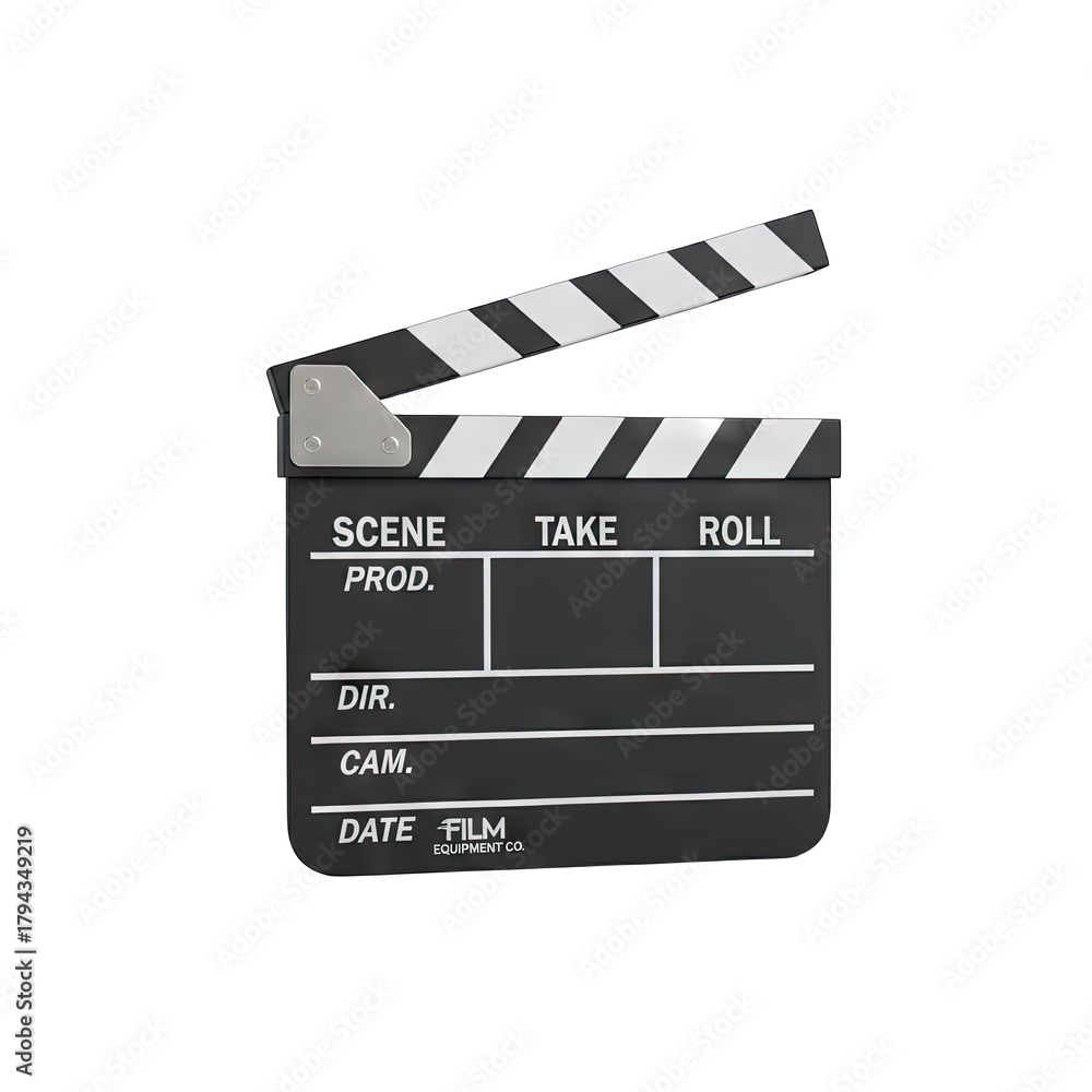 Fototapeta premium Black Movie Clapperboard Open on Isolated Black Background with Scene Take Roll Prod Dir Cam Date Rum Labels Cinematic Production Equipment