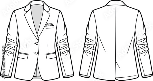 Men’s blazer front and back, tailored jacket sketch, fashion template, cad drawing flat vector illustration, white background