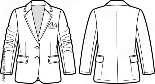 Men’s blazer sketch, notched lapel, pocket square, flap pockets, tailored fit, fashion cad drawing, vector apparel illustration, cad drawing flat vector illustration