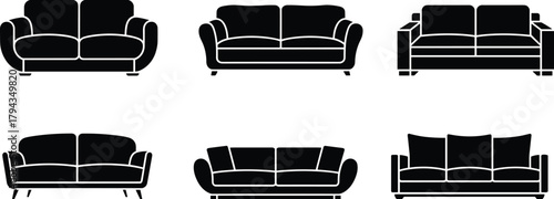 Modern sofa silhouettes, furniture design collection, interior seating icons, couch vector set, home decor illustration, living room style, cad drawing flat vector illustration